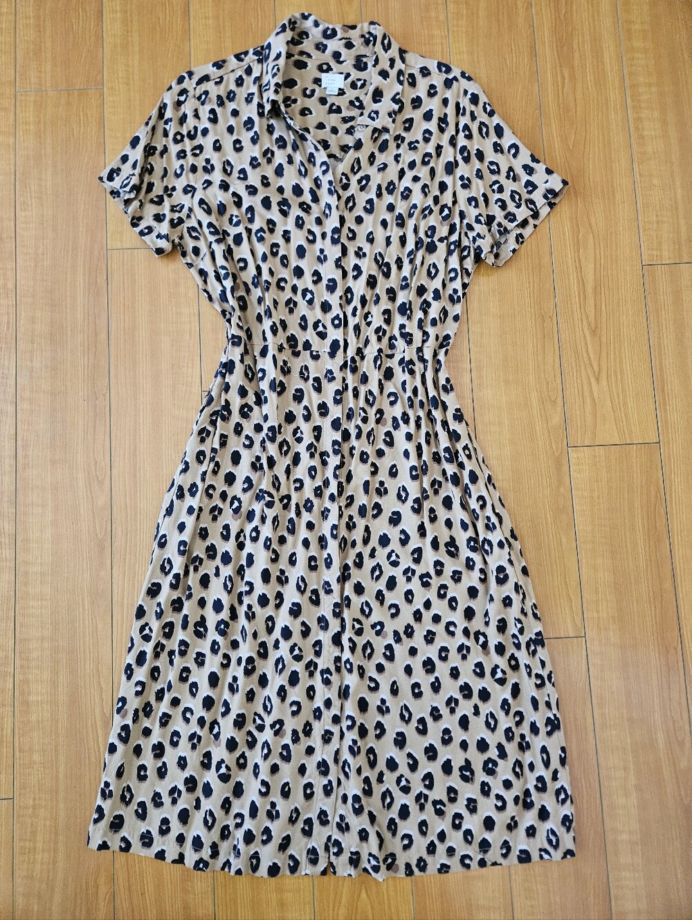 A New Day Tan Leopard Print Shirt Dress Shirtdress + Pockets Sz Large L